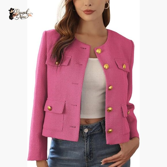 Jackets & Blazers - Tweed Cropped Blazer with Gold Buttons Business Casual Jacket